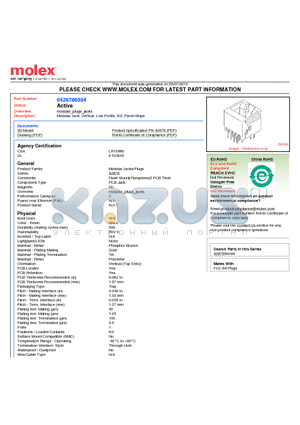 42878-6504 datasheet - Modular Jack, Vertical, Low Profile, 6/2, Panel Stops