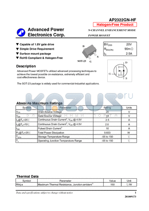 AP2322GN-HF datasheet - Capable of 1.8V gate drive, Simple Drive Requirement