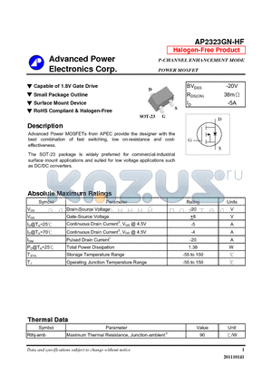 AP2323GN-HF datasheet - Capable of 1.8V Gate Drive, Small Package Outline