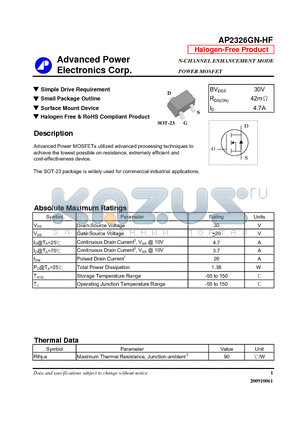 AP2326GN-HF datasheet - Simple Drive Requirement, Small Package Outline
