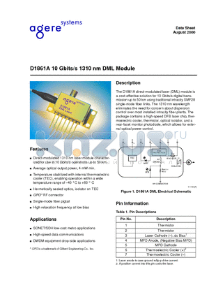 D1861A040 datasheet - D1861A 10 Gbits/s 1310 nm DML Module