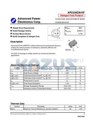 AP2330GN-HF datasheet - N-CHANNEL ENHANCEMENT MODE POWER MOSFET