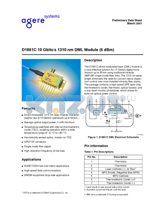 D1861C datasheet - D1861C 10 Gbits/s 1310 nm DML Module (6 dBm)