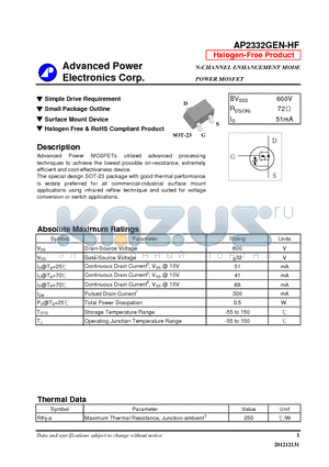 AP2332GEN-HF datasheet - N-CHANNEL ENHANCEMENT MODE POWER MOSFET