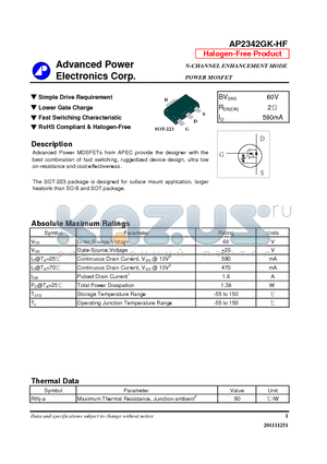 AP2342GK-HF datasheet - Simple Drive Requirement, Lower Gate Charge, Fast Switching Characteristic