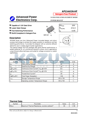 AP2346GN-HF datasheet - Capable of 1.8V Gate Drive, Lower Gate Charge