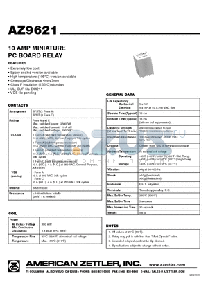 AZ9621-1A-9D datasheet - 10 AMP MINIATURE PC BOARD RELAY