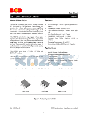 AP2402 datasheet - DUAL 300mA LDO REGULATORS