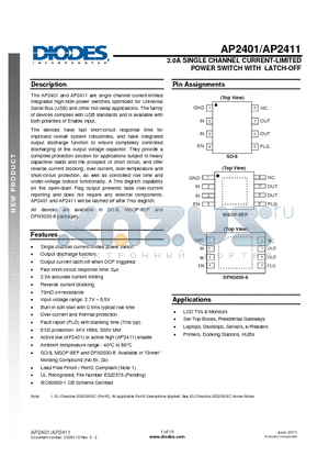 AP2401FGE-7 datasheet - 2.0A SINGLE CHANNEL CURRENT-LIMITED POWER SWITCH WITH LATCH-OFF