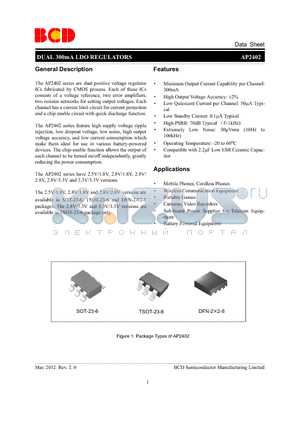 AP2402A21KTR-G1 datasheet - DUAL 300mA LDO REGULATORS