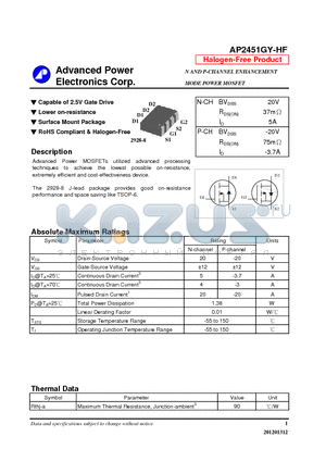 AP2451GY-HF datasheet - Capable of 2.5V Gate Drive, Lower on-resistance