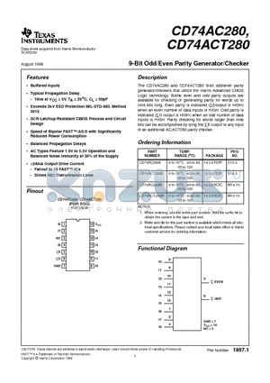 CD74ACT280E datasheet - 9-Bit Odd/Even Parity Generator/Checker