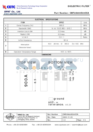 CMF2A900S30CCA datasheet - DIELECTRIC FILTER