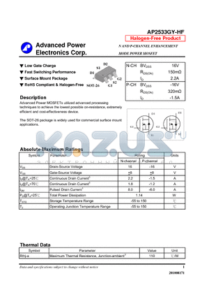 AP2533GY-HF datasheet - Low Gate Charge, Fast Switching Performance