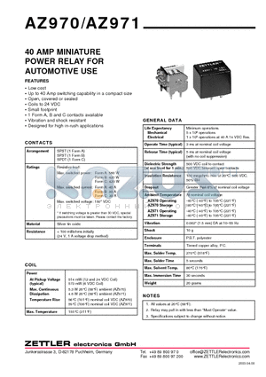 AZ971 datasheet - 40 AMP MINIATURE POWER RELAY FOR AUTOMOTIVE USE