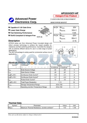 AP2535GEY-HF datasheet - Capable of 1.8V Gate Drive, Lower Gate Charge