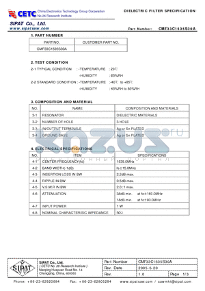 CMF33C1535S30A datasheet - DIELECTRIC FILTER SPECIFICATION