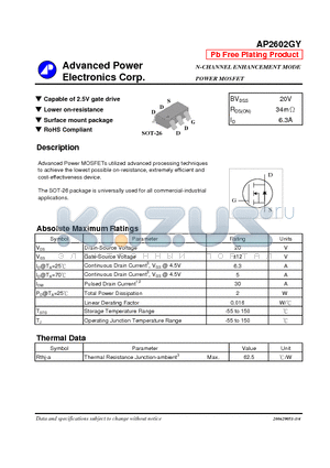 AP2602GY datasheet - N-CHANNEL ENHANCEMENT MODE POWER MOSFET