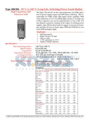 301R122U020GE2 datasheet - Long-Life, Switching Power Grade Radial