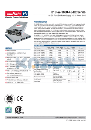 D1U-W-1600-48-HA1C datasheet - AC/DC Front End Power Supply  S1U Power Shelf
