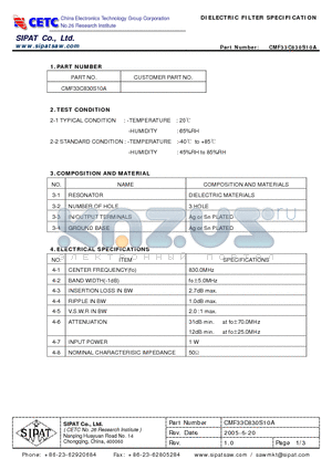 CMF33C830S10A datasheet - DIELECTRIC FILTER SPECIFICATION