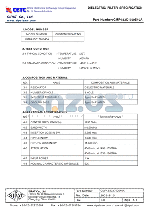 CMF4.53C1790S40A datasheet - DIELECTRIC FILTER SPECIFICATION