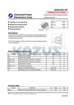 AP2612GY-HF datasheet - Capable of 1.8V Gate Drive, Simple Drive Requirement