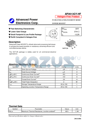 AP2613GY-HF datasheet - Fast Switching Characteristic, Lower Gate Charge