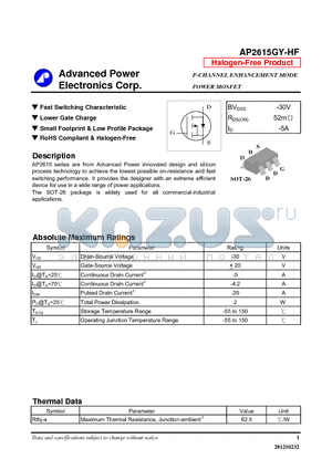 AP2615GY-HF datasheet - Fast Switching Characteristic, Lower Gate Charge