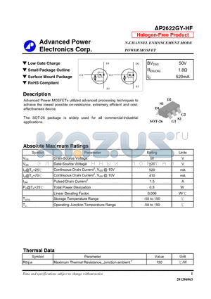 AP2622GY-HF datasheet - Low Gate Charge, Small Package Outline, Surface Mount Package