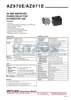 AZ971E-1A-9D datasheet - 40 AMP MINIATURE POWER RELAY FOR AUTOMOTIVE USE