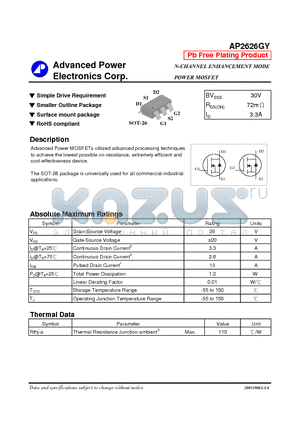 AP2626GY datasheet - N-CHANNEL ENHANCEMENT MODE POWER MOSFET