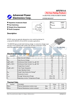 AP2761I-A datasheet - N-CHANNEL ENHANCEMENT MODE POWER MOSFET