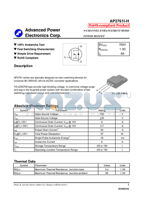 AP2761I-H datasheet - N-CHANNEL ENHANCEMENT MODE POWER MOSFET
