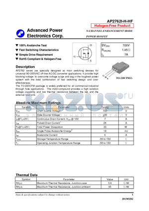 AP2762I-H-HF datasheet - N-CHANNEL ENHANCEMENT MODE POWER MOSFET
