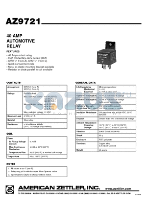 AZ9721 datasheet - 40 AMP AUTOMOTIVE RELAY