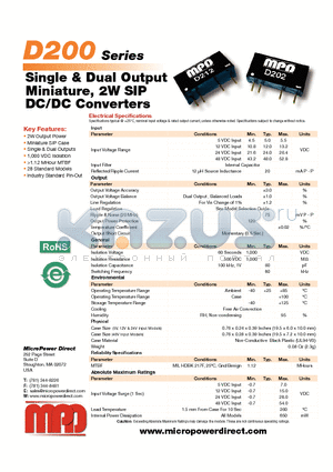 D200 datasheet - Single & Dual Output Miniature, 2W SIP DC/DC Converters