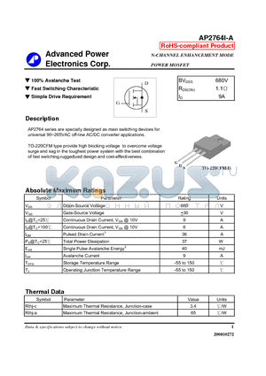 AP2764I-A datasheet - N-CHANNEL ENHANCEMENT MODE POWER MOSFET