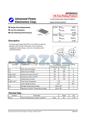 AP2852GO datasheet - N AND P-CHANNEL ENHANCEMENT MODE POWER MOSFET