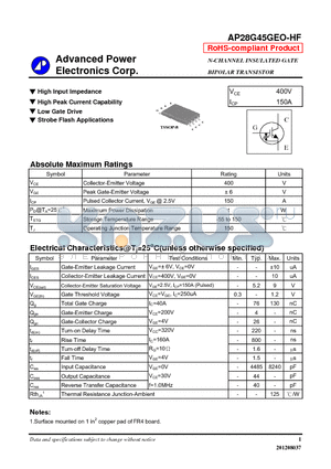 AP28G45GEO-HF datasheet - N-CHANNEL INSULATED GATE BIPOLAR TRANSISTOR