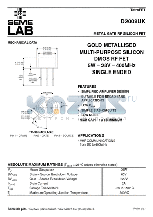 D2008UK datasheet - METAL GATE RF SILICON FET