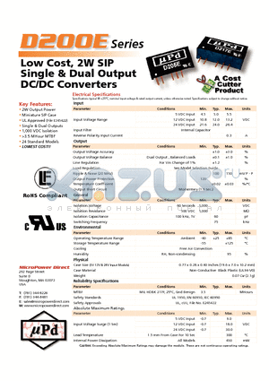 D200E datasheet - Low Cost, 2W SIP Single & Dual Output DC/DC Converters