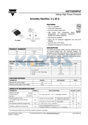 42CTQ030PBF datasheet - Schottky Rectifier, 2 x 20 A