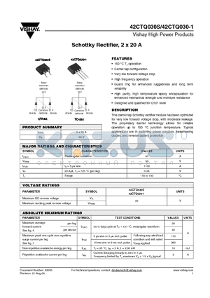 42CTQ030S datasheet - Schottky Rectifier, 2 x 20 A