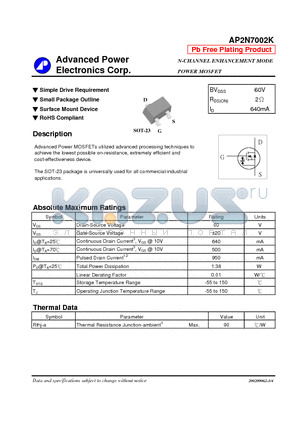 AP2N7002K datasheet - N-CHANNEL ENHANCEMENT MODE POWER MOSFET