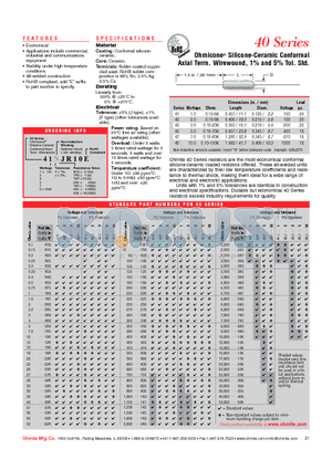 42F250E datasheet - Ohmicone^ Silicone-Ceramic Conformal Axial Term. Wirewound, 1% and 5% Tol. Std.