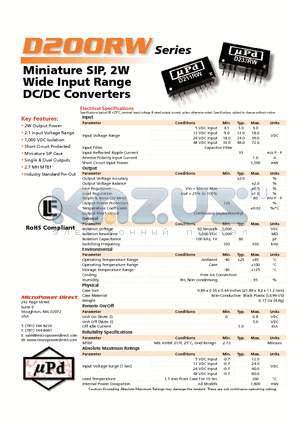 D201RW datasheet - Miniature SIP, 2W Wide Input Range DC/DC Converters