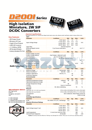 D202I datasheet - High Isolation Miniature, 2W SIP DC/DC Converters