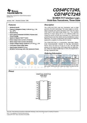 CD74FCT245 datasheet - BiCMOS FCT Interface Logic, Octal-Bus Tranceivers, Three-State