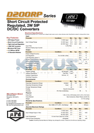 D202RP datasheet - Short Circuit Protected Regulated, 2W SIP DC/DC Converters